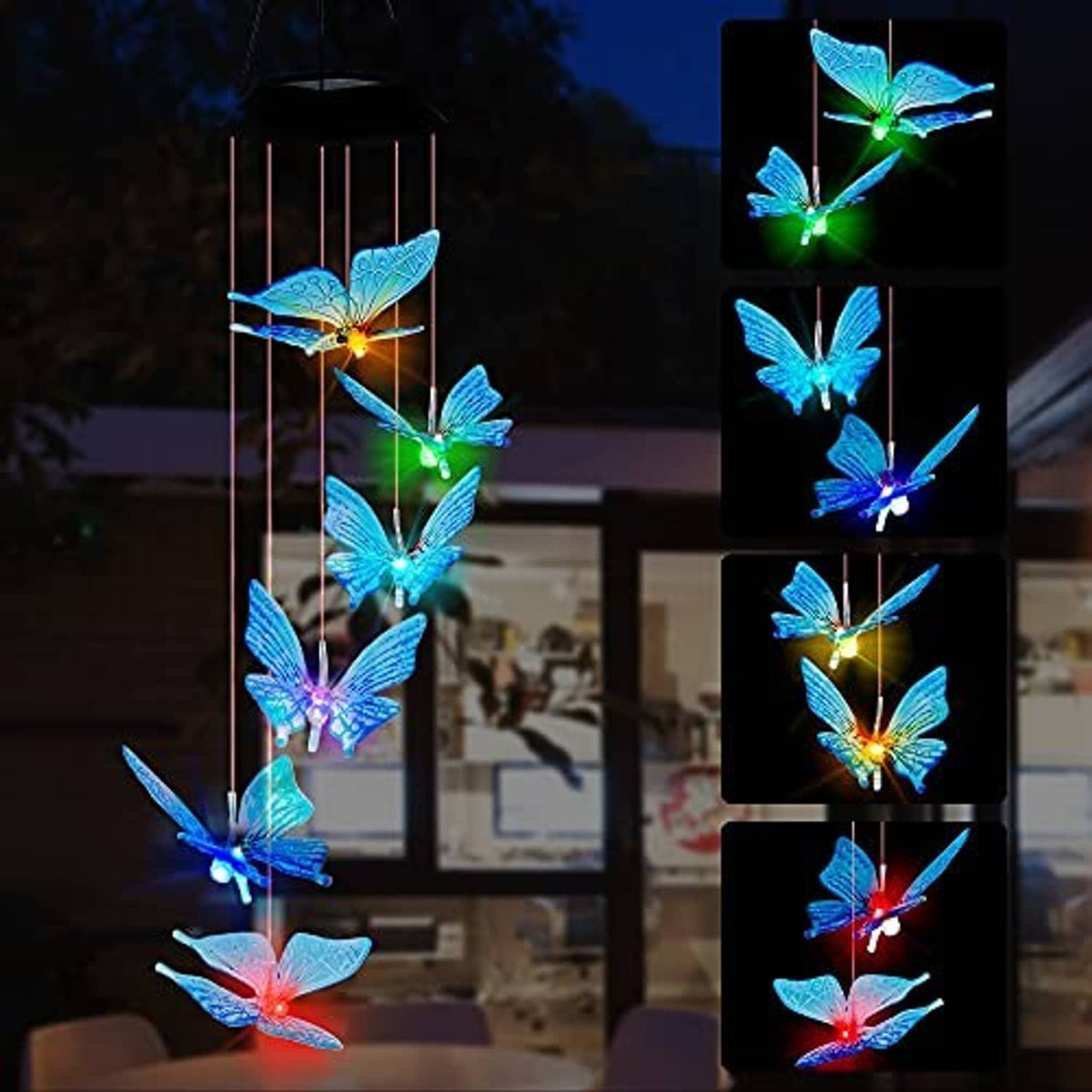 Solar LED butterfly wind chime mobile with multicolor glowing butterflies and black top cap