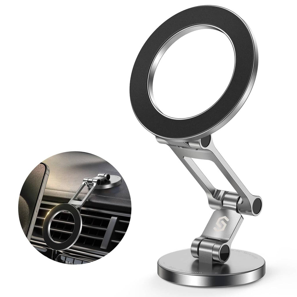 All-metal magnetic car phone mount stand with titanium-silver base and clamp arm