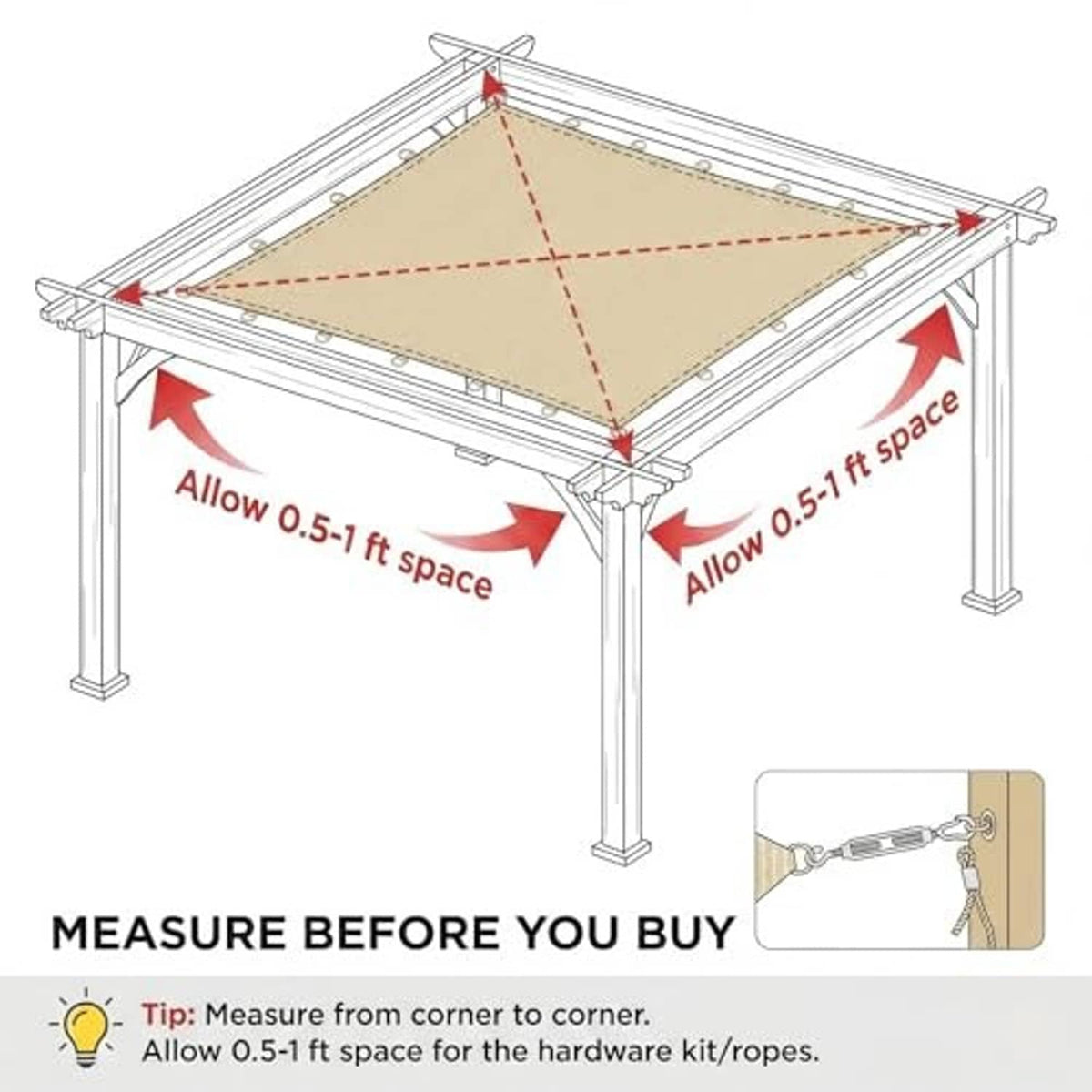 Gray shade cloth panel laid on a frame with corner D-rings and mounting points