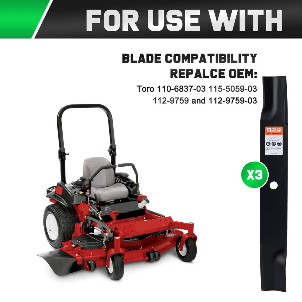Black mower deck blade package showing three blades, compatible with Toro Timecutter