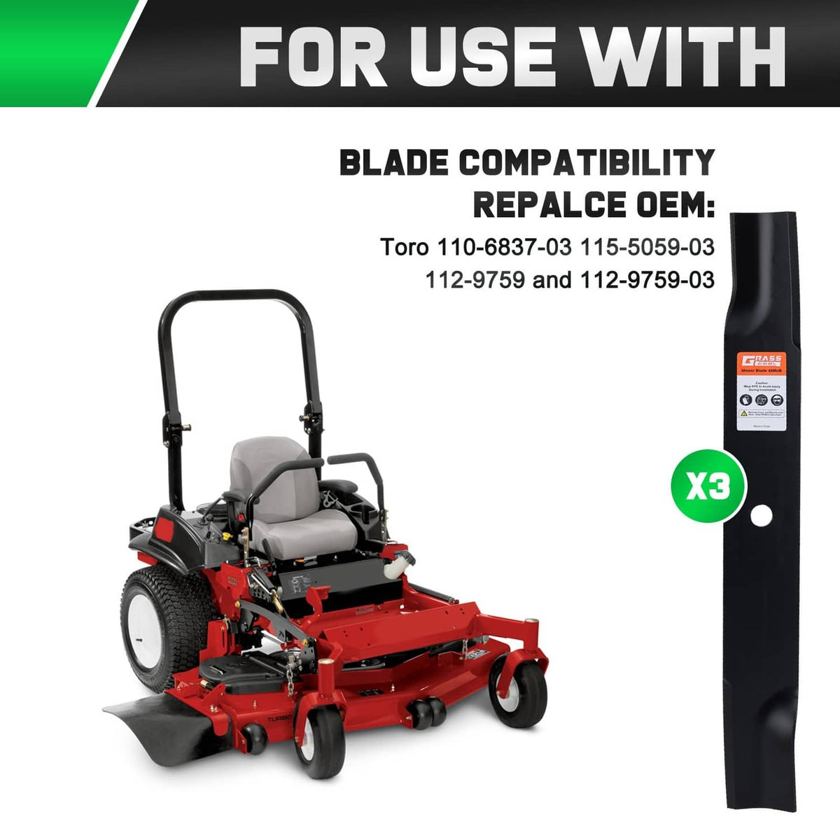 Black mower deck blade package showing three blades, compatible with Toro Timecutter