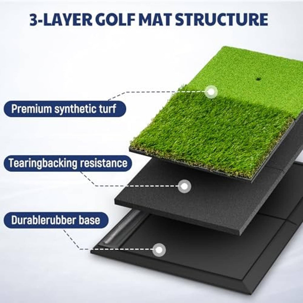 3-layer golf mat structure: green synthetic turf, tear-resistant backing, and rubber base