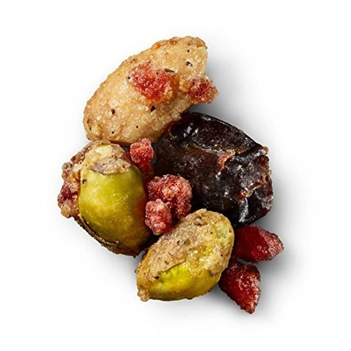 Glazed nut mix with pistachios, almonds, cherries, and pomegranate-flavored pieces