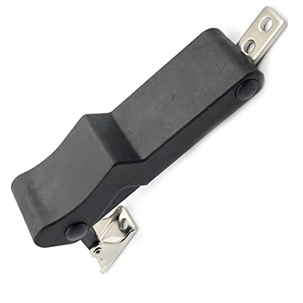 Rubber latch bracket in black with round pivot and two-hole metal mounting plate