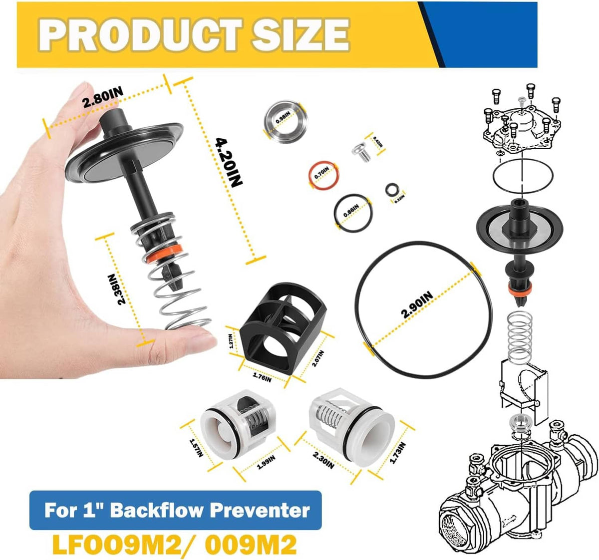 Backflow preventer repair kit dimensions diagram with assembled parts, rings, and spring