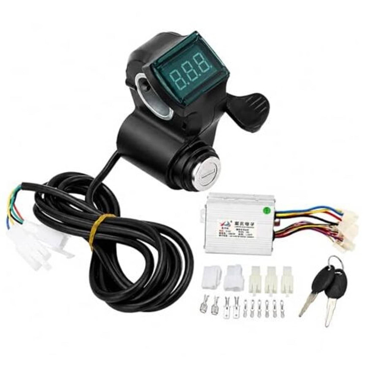 E-bike motor controller kit with thumb throttle LCD, controller box, and wiring harness