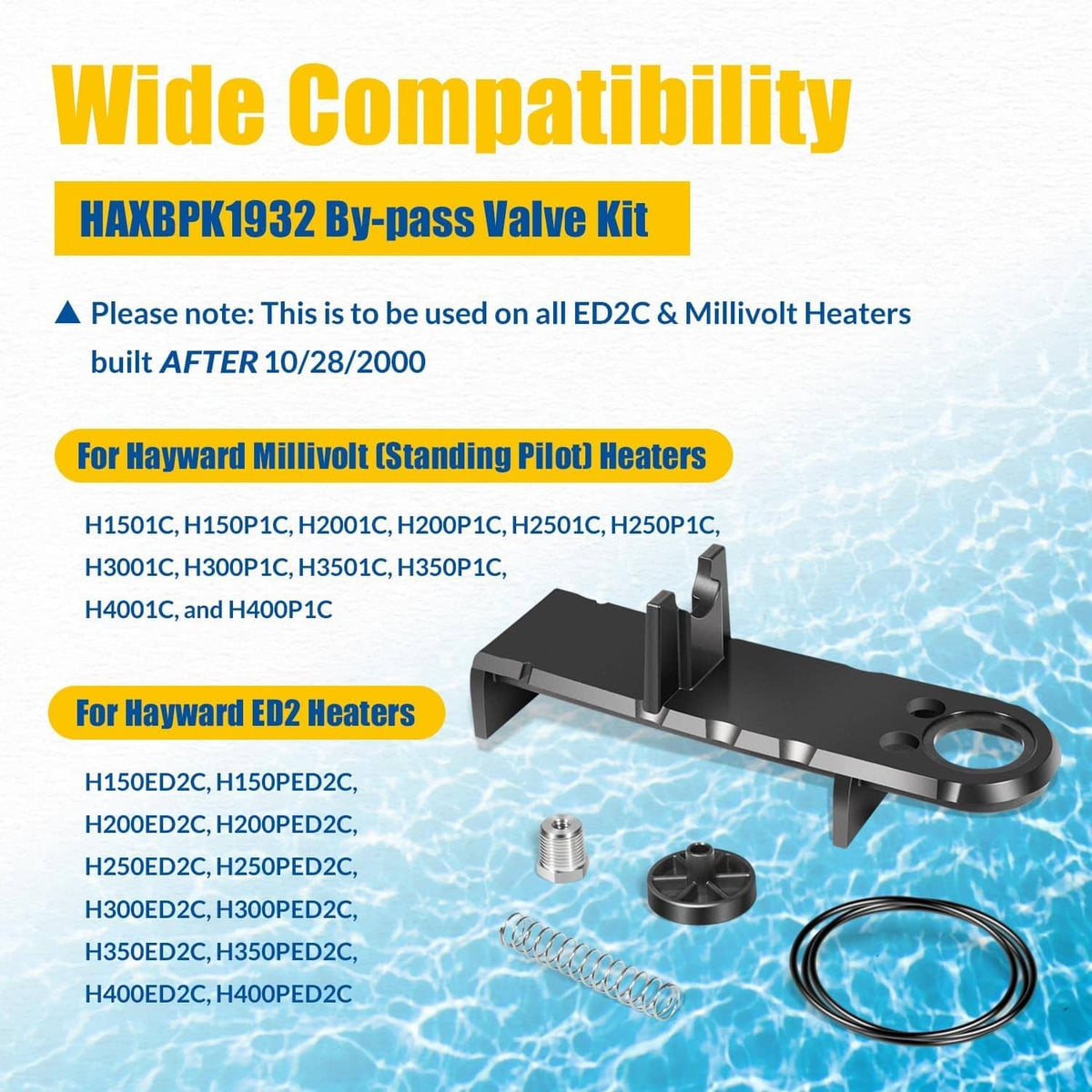 By-pass valve kit parts with black bracket, spring coil, hose loop, and valve disk