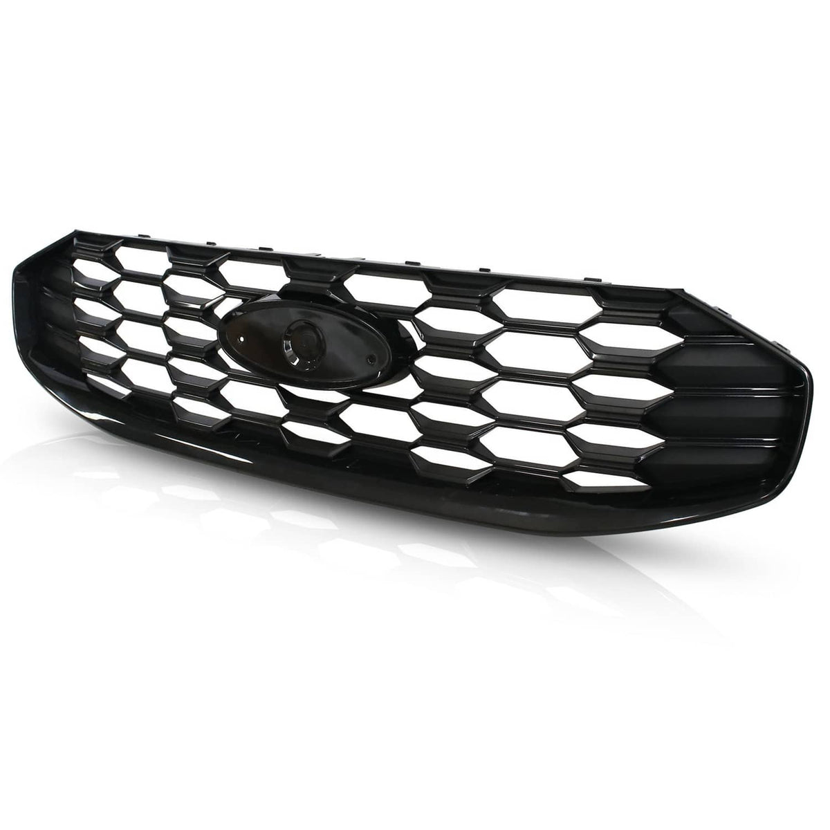 Black front grille insert with hex honeycomb pattern and center emblem opening