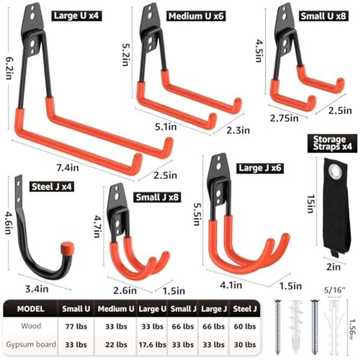 Garage hook size chart showing Large, Medium, Small, Steel, and J/U hook types