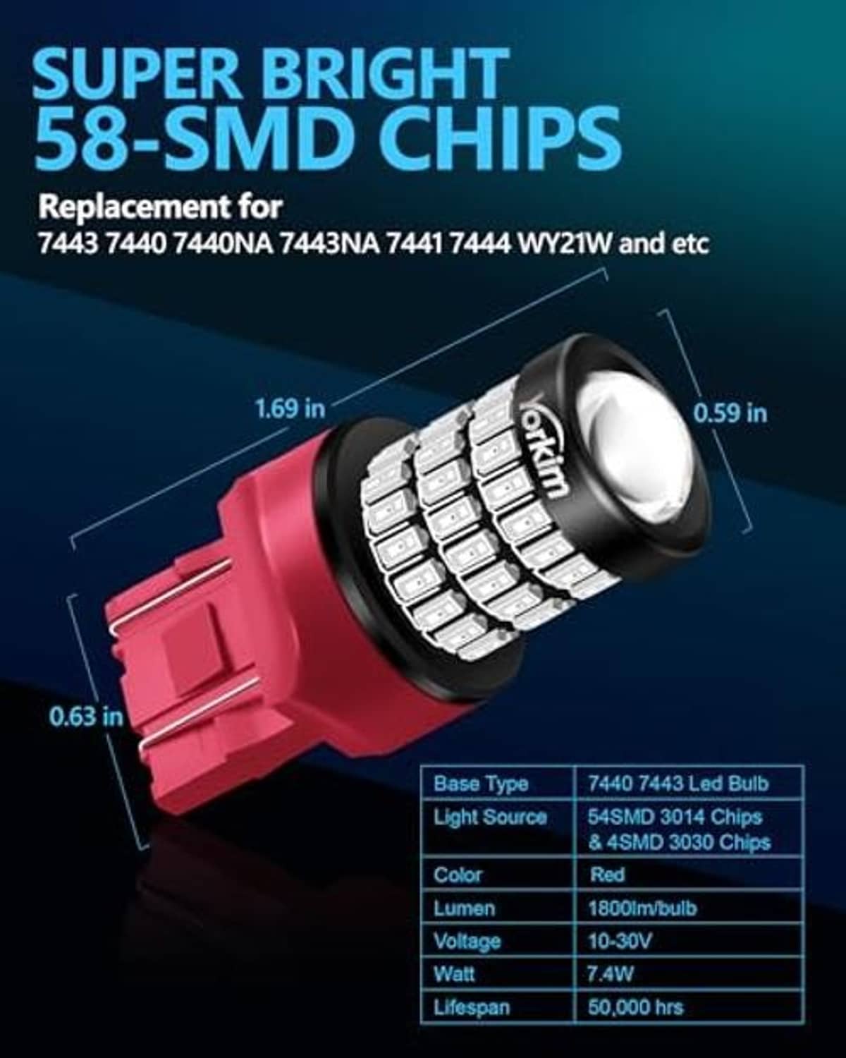 Red LED bulb with black base, projector head, and 58 white SMD chip layout