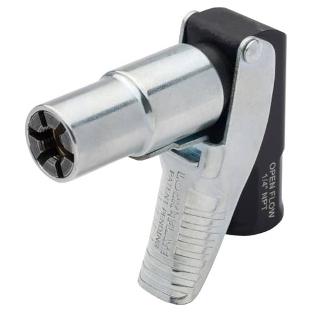 90-degree air chuck close-up of chrome socket nozzle and black handle