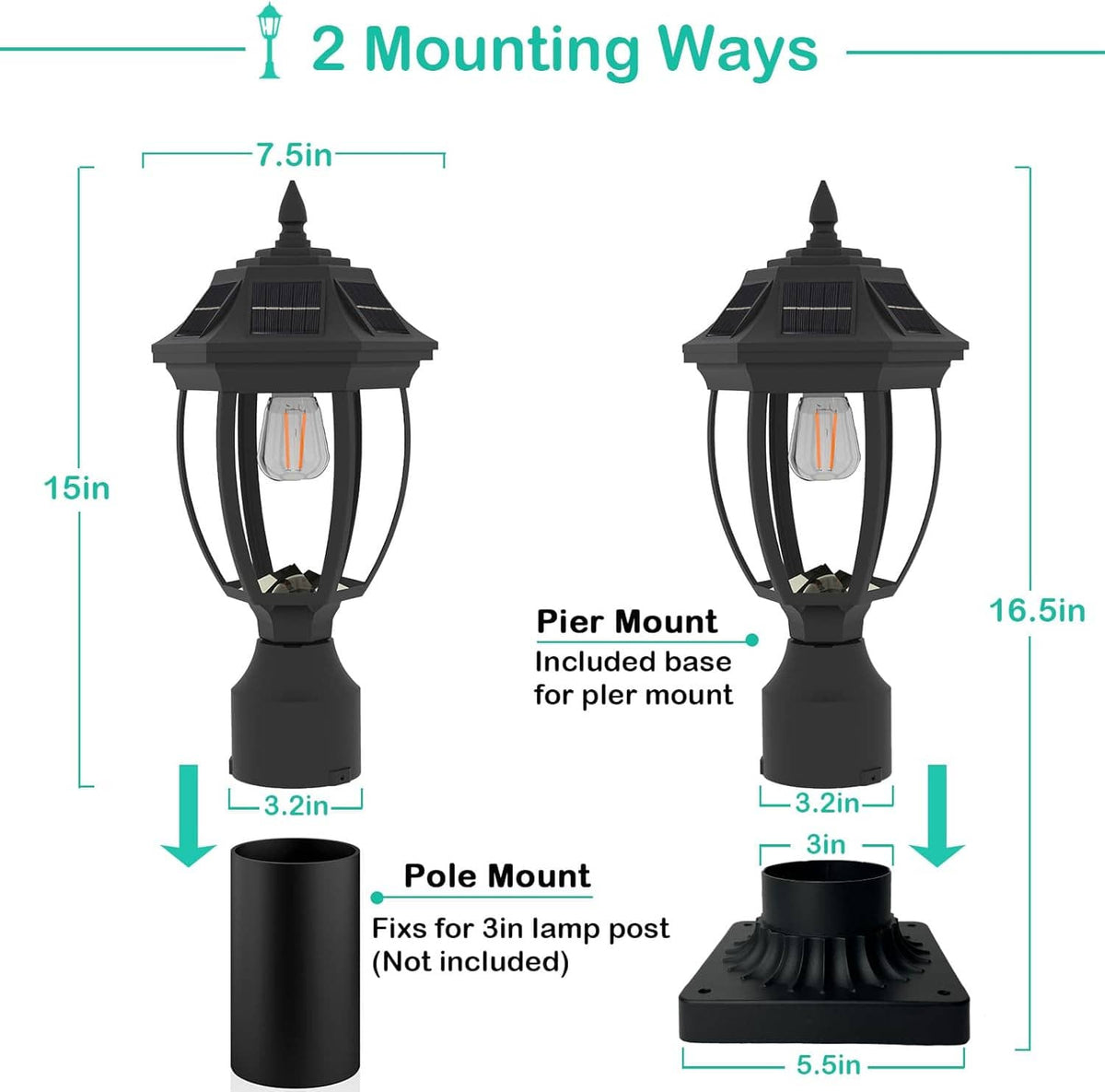 Solar post light with pier-mount base plate and clear glass lantern shade