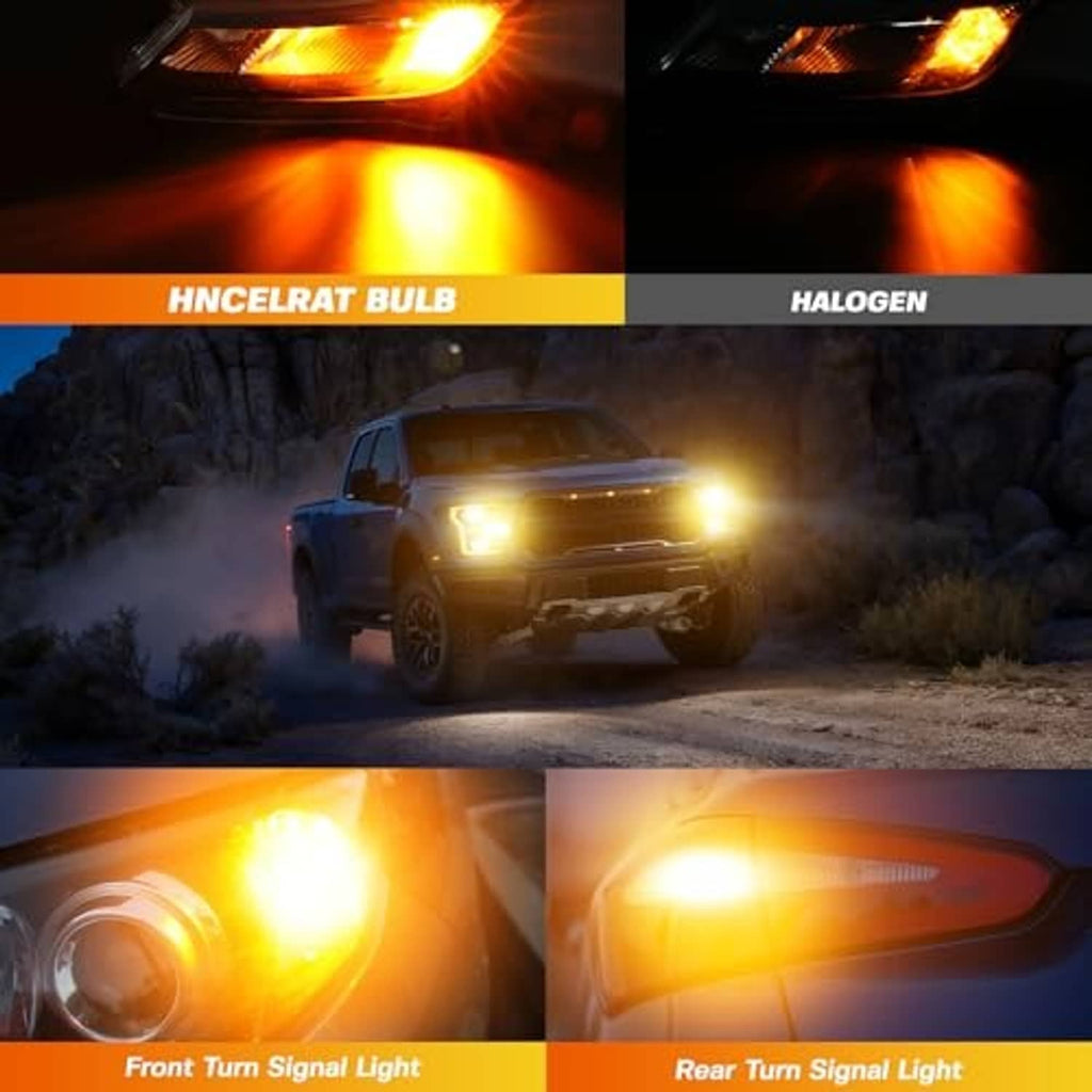 Amber LED turn signal bulb glowing with bright amber light output