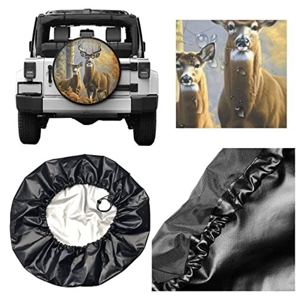 RV spare tire cover set: deer print panel with black cover and fabric texture