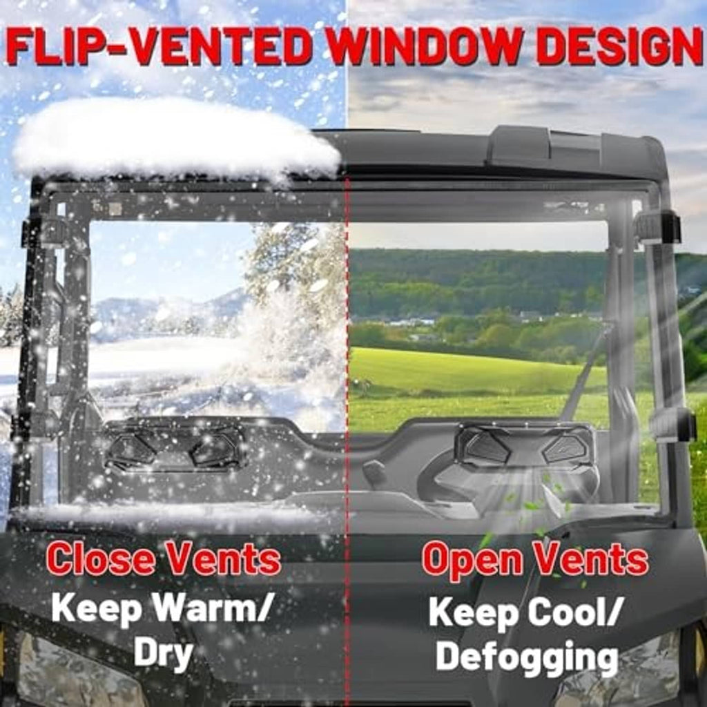 Flip-vented windshield showing closed vents vs open vents for defogging