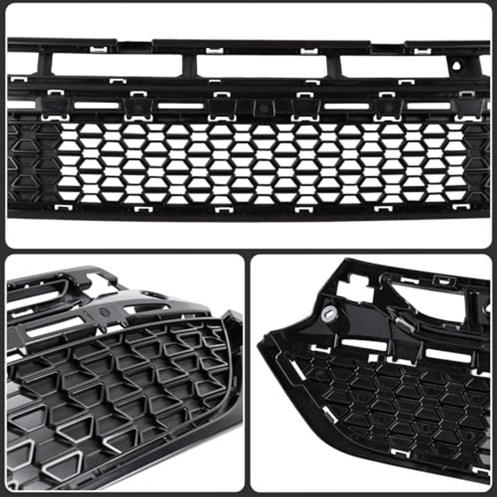 Black honeycomb front bumper lower grille with mounting clips, close-up views
