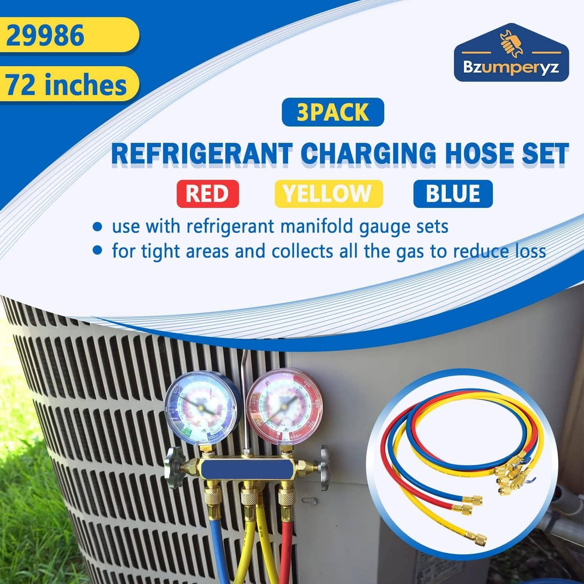Refrigerant charging hose set, three multicolor hoses with brass connectors and ball valves