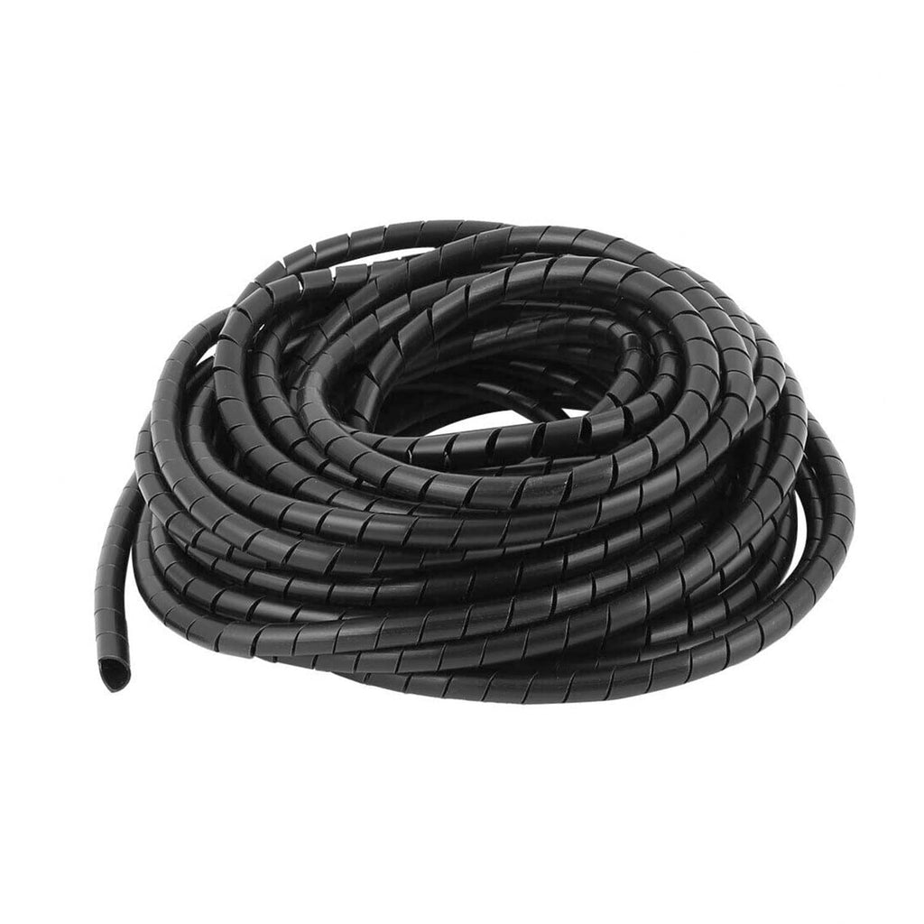 Black spiral cable wrap, neatly coiled 20 ft length for wire management