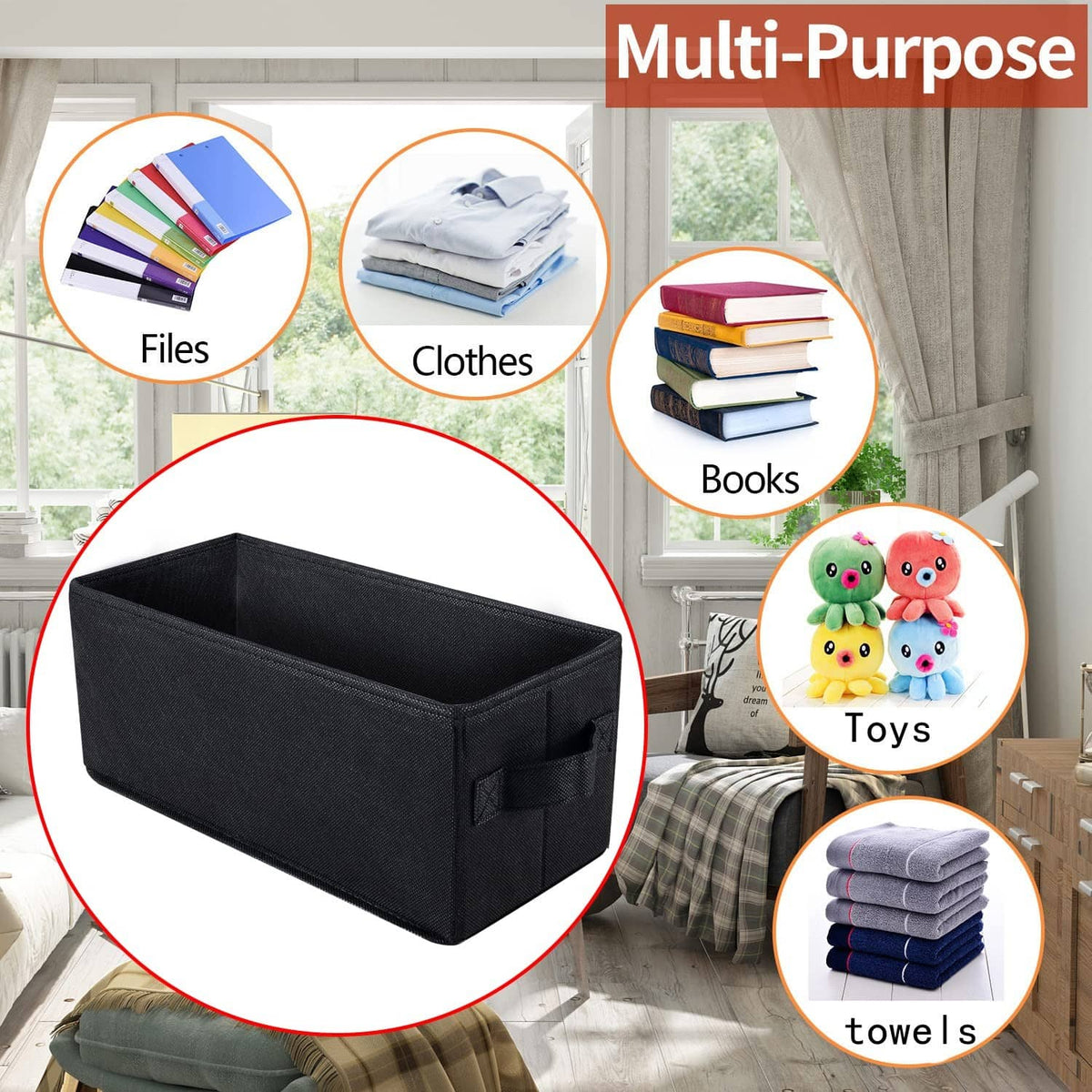 Black fabric foldable storage box with front handle pocket and hinged lid