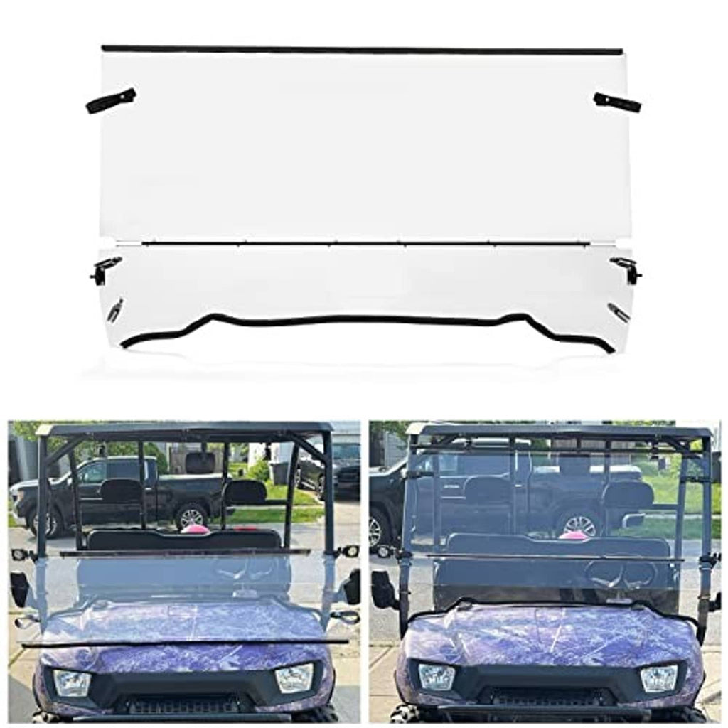 Clear folding front windshield panel with mounting brackets, mounted on UTV