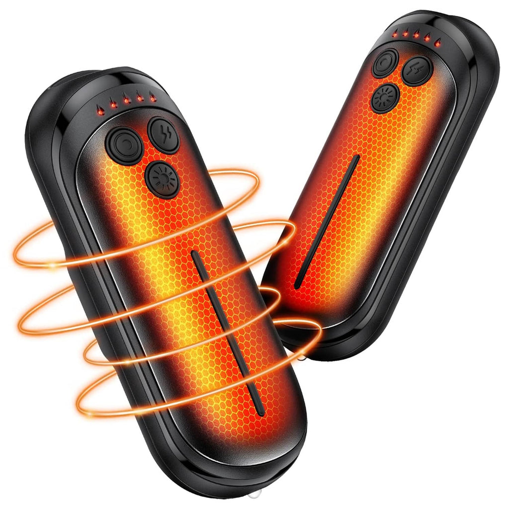 Black rechargeable electric hand warmers pair with visible heat stream lines