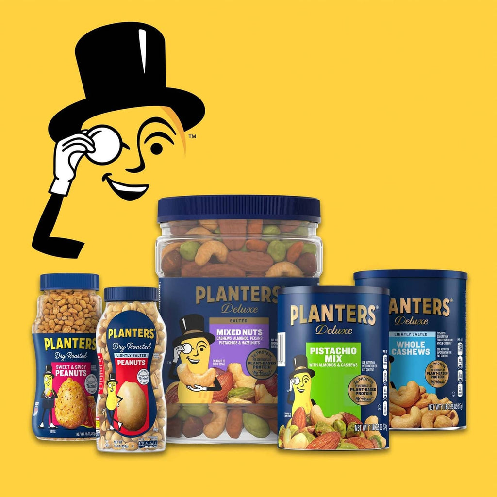 Assorted Planters nut snack packages and canisters, including salted peanuts