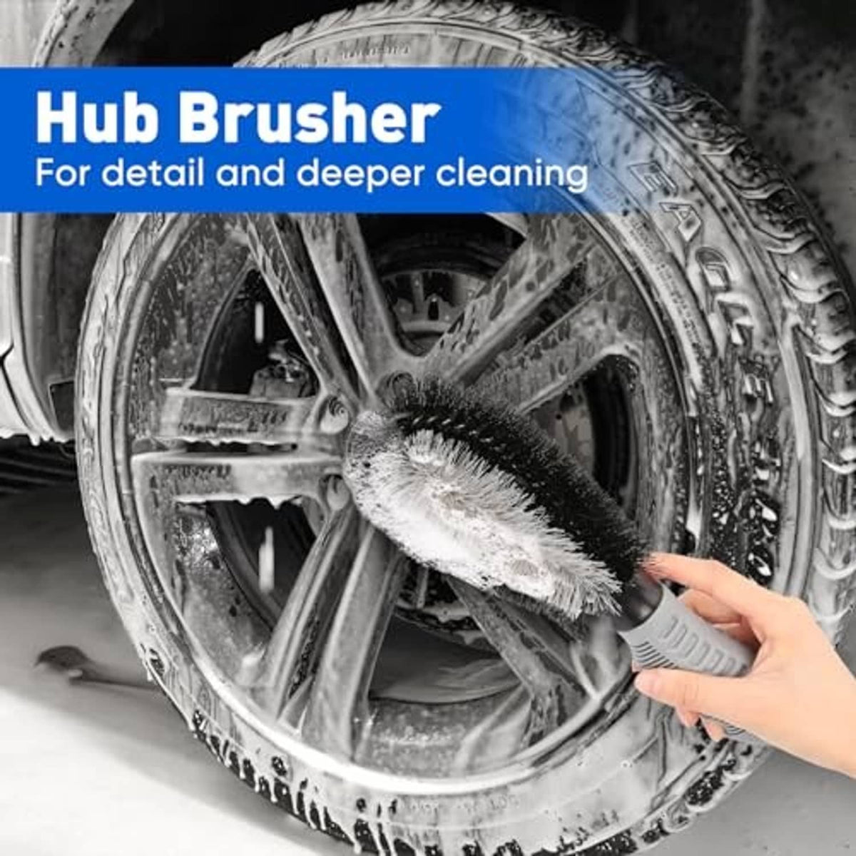 Wheel hub cleaning brush with gray bristles and detachable handle for pressure washers
