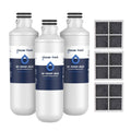 Water filter bottles with blue label and replacement cartridge pack, three count