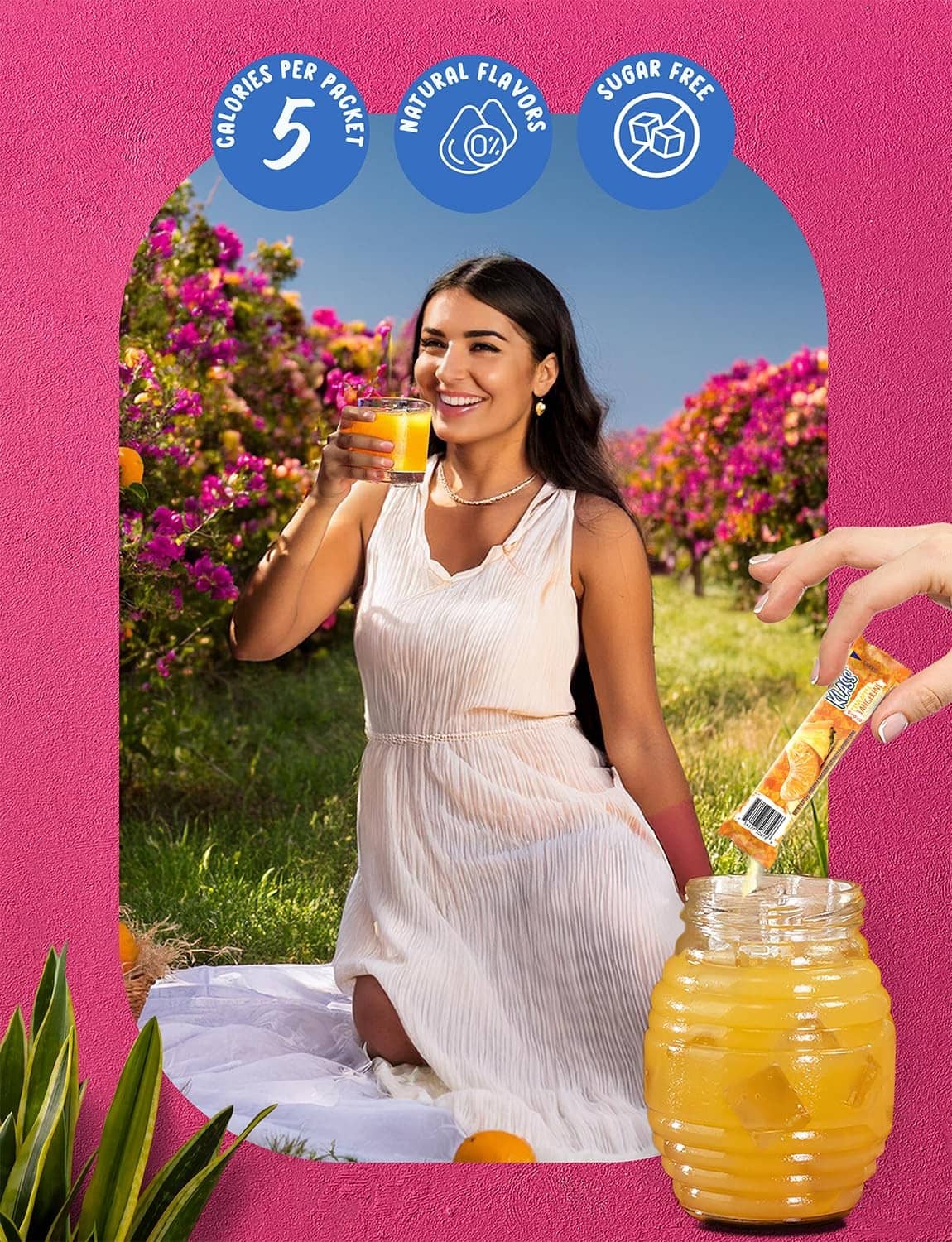 Klass aguas frescas stick pack drink mix with yellow drink jar and sachet