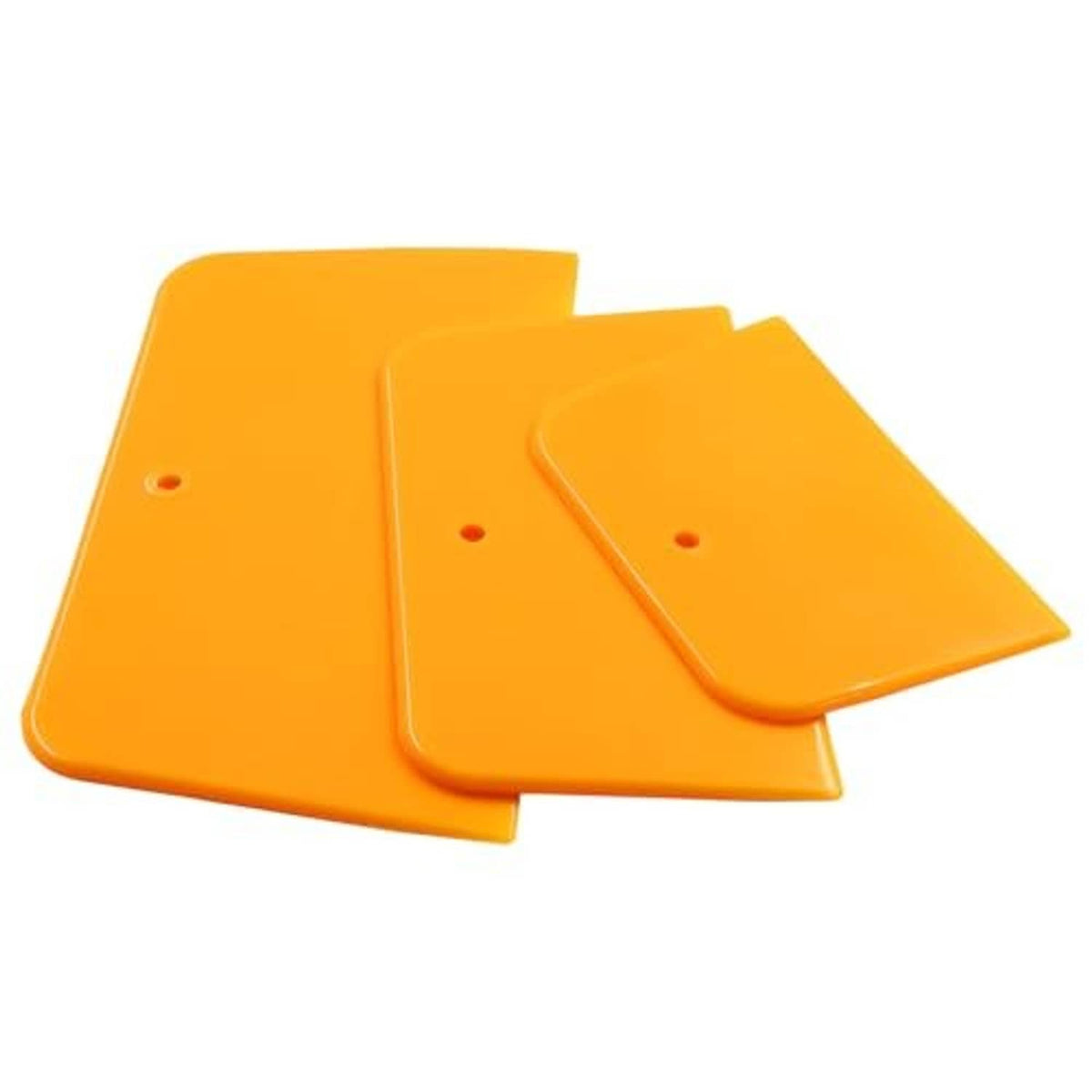 Orange plastic car wrap squeegee spreader set, four flat edge tools with mounting holes