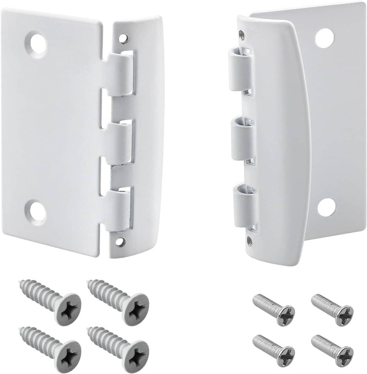 White flip action door lock bracket set with screws and latch tabs