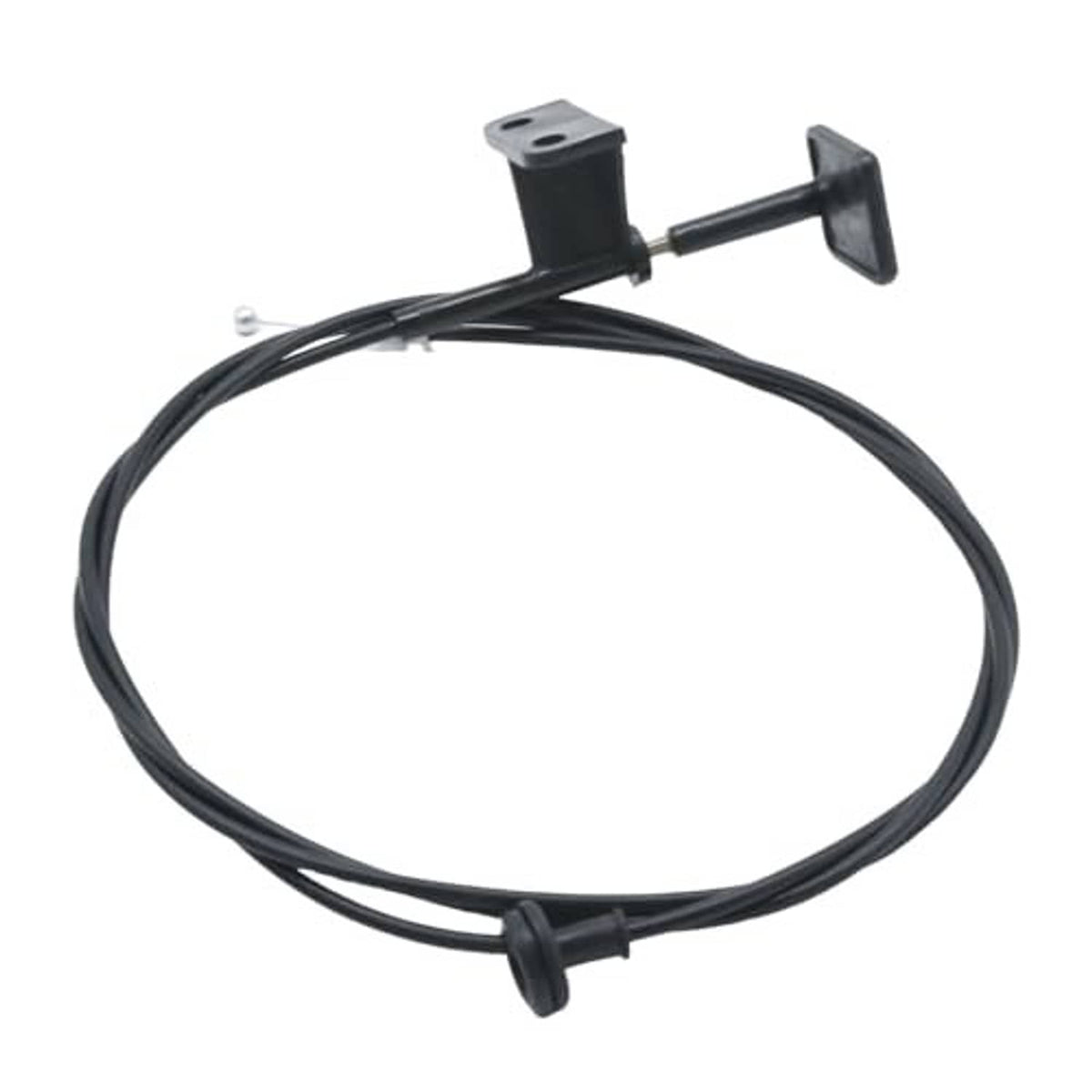 Black hood latch release cable wire with top mount bracket, pull tab, and metal cable end