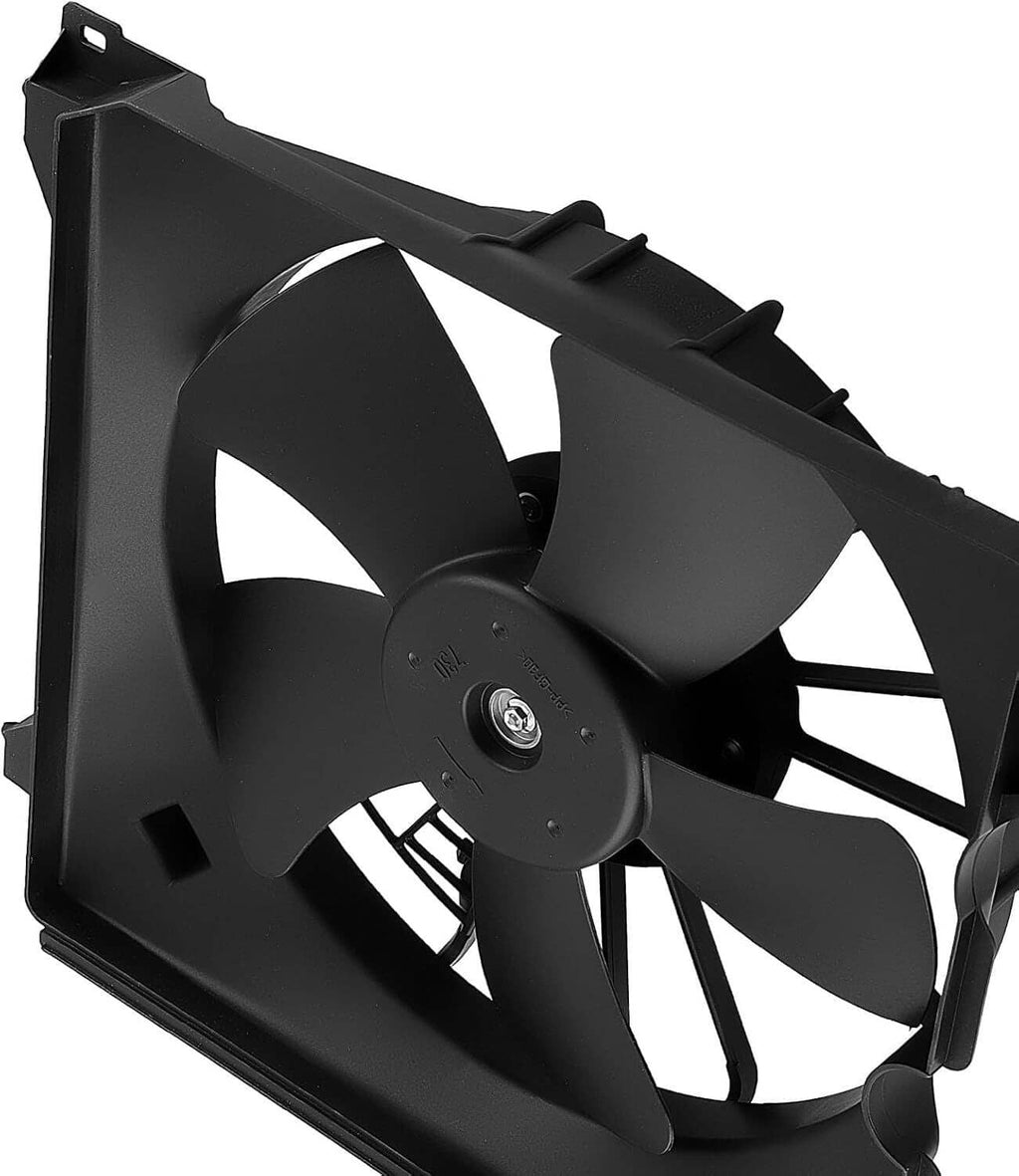 Black A/C condenser cooling fan with curved blades and circular motor center