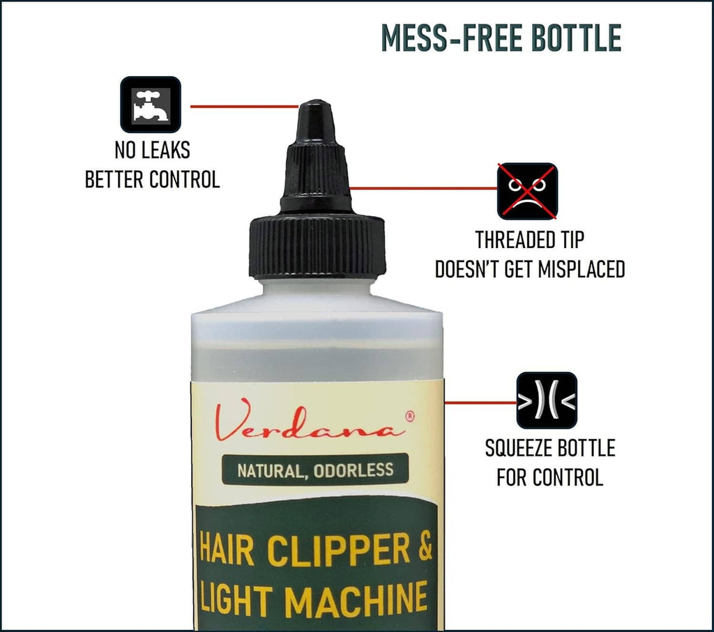 Hair clipper oil bottle with threaded tip nozzle, no-leak squeeze design