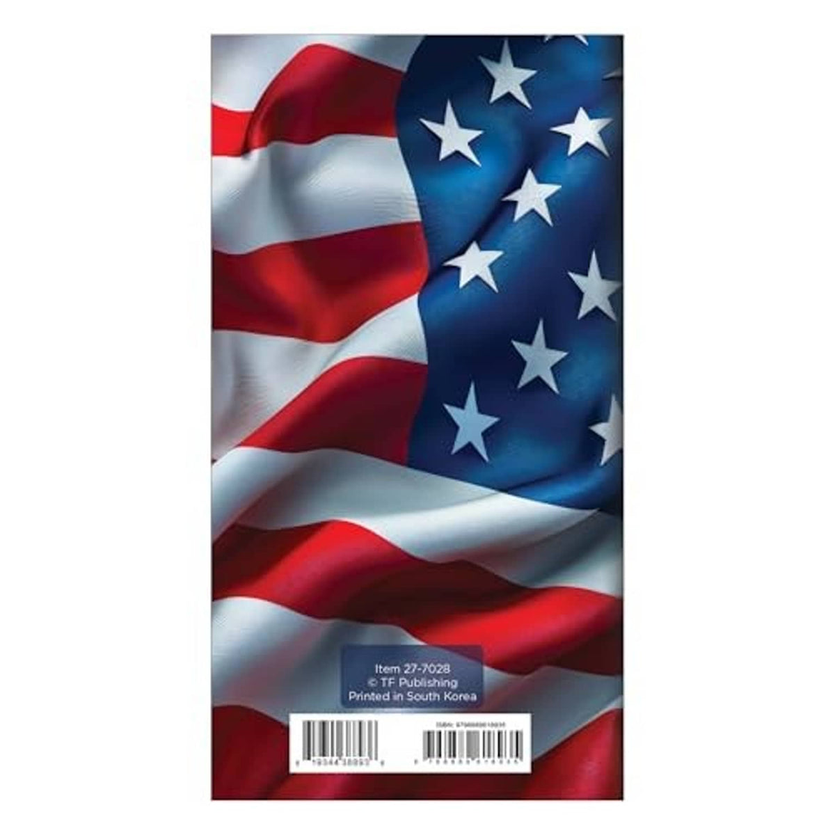 Pocket planner back cover with American flag, 2027-2028 note and barcode