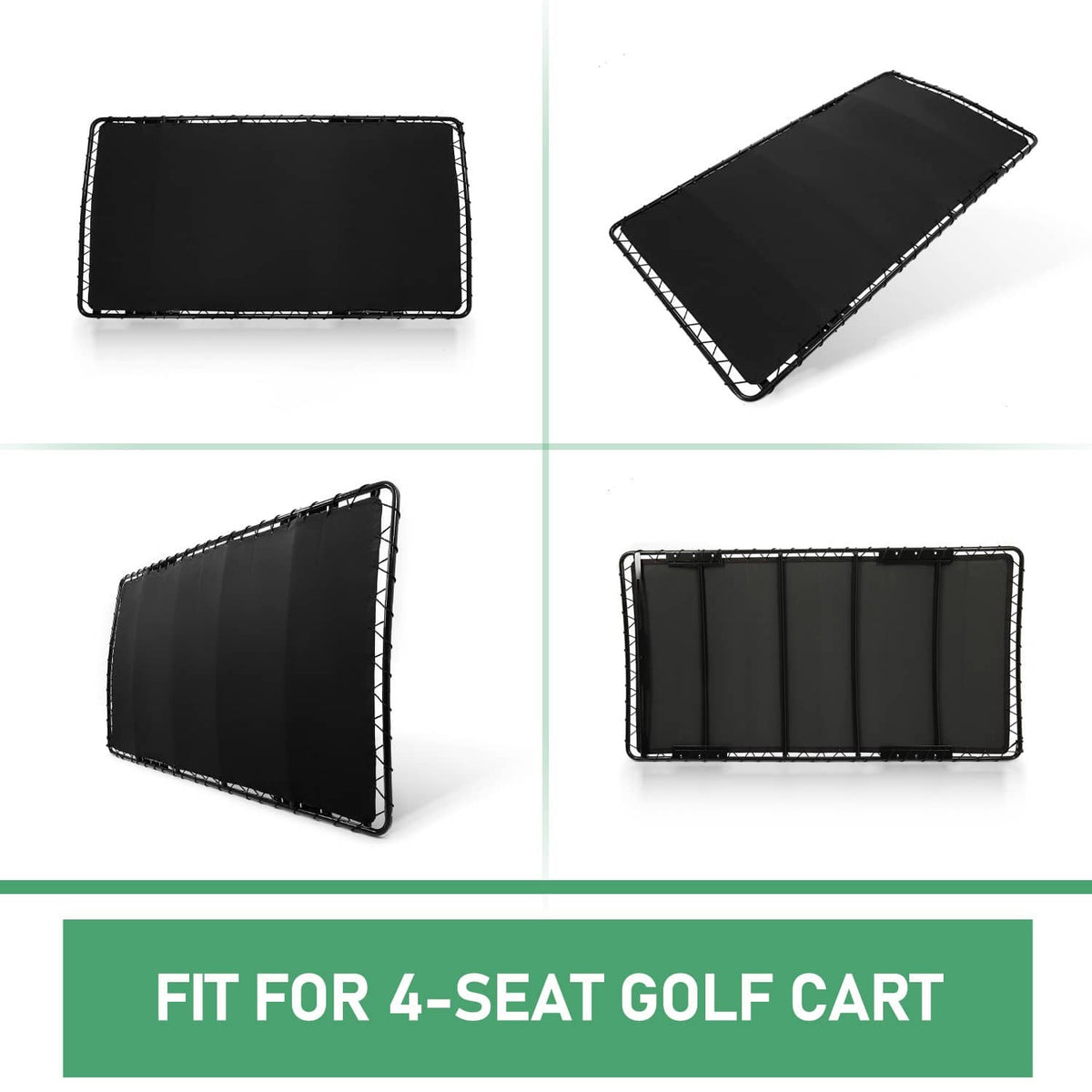 Black golf cart roof sun top shown from multiple angles, metal frame kit