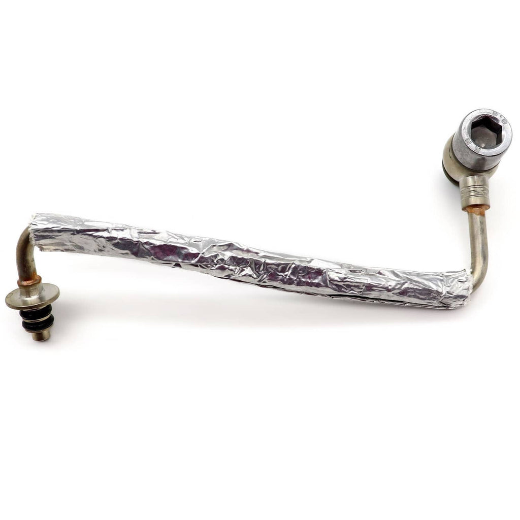 Foil-covered turbo oil feed pipe tube with left mounting bolt and right threaded connection