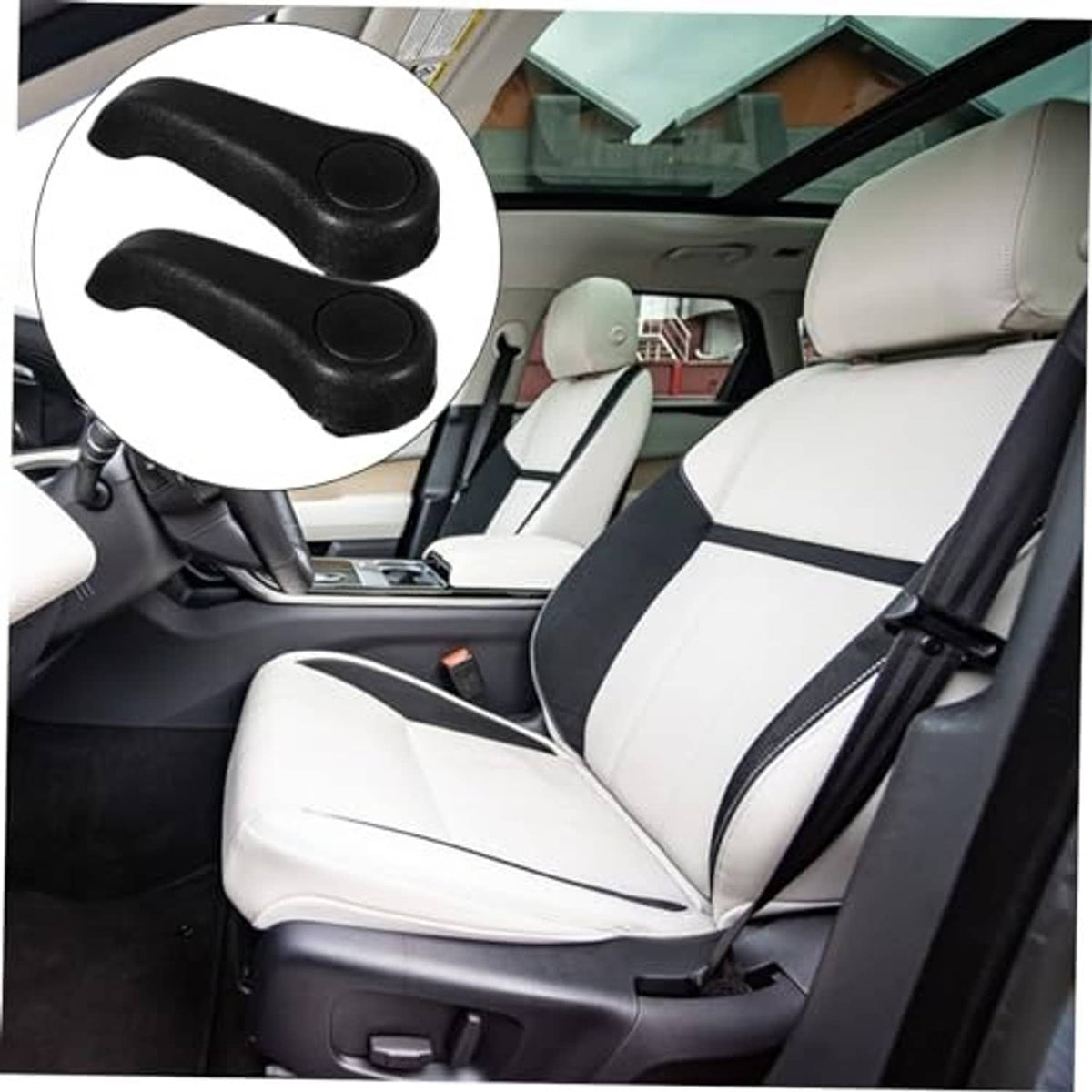 Pair of black car seat adjustment lever handles mounted near front seats