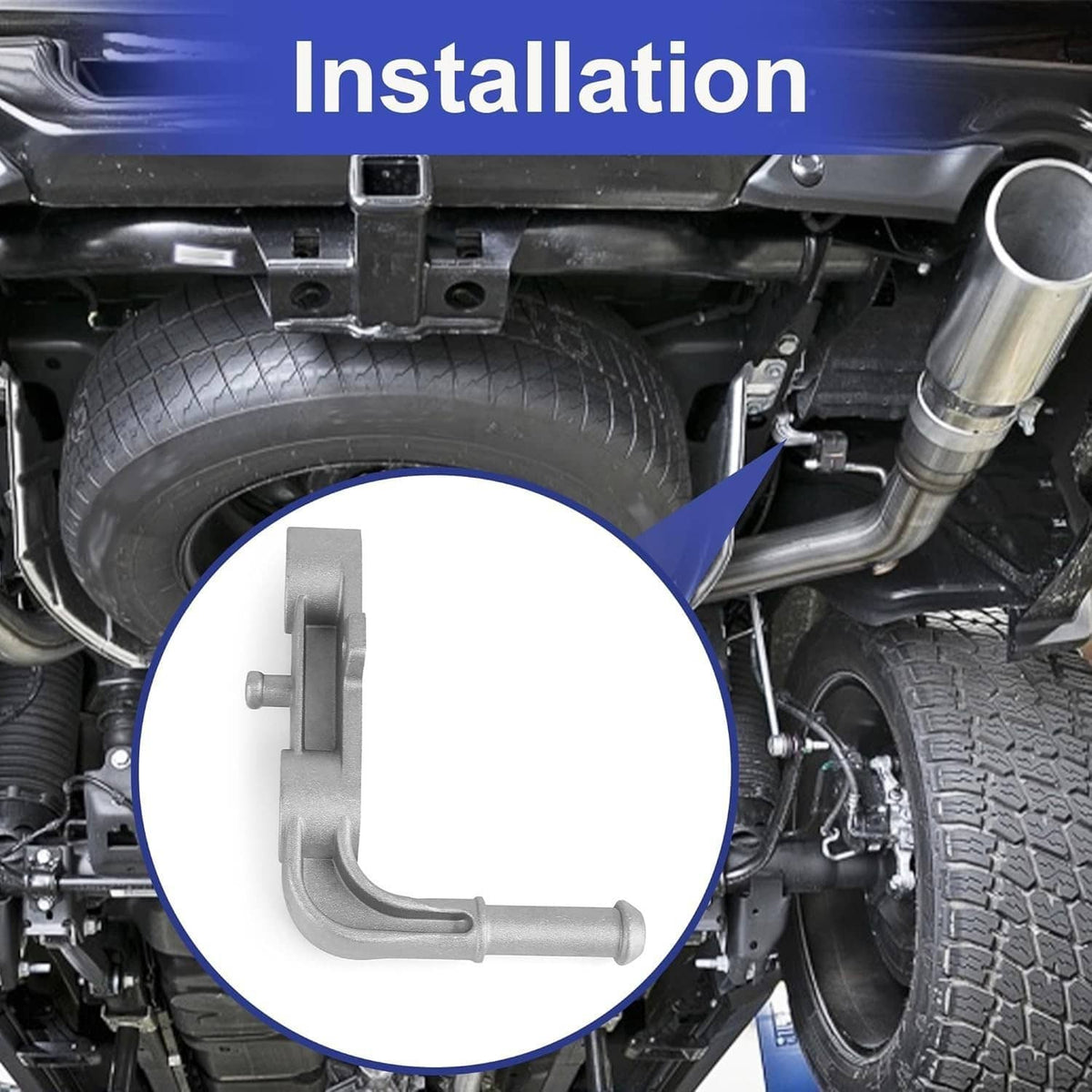 Exhaust tailpipe bracket installation view with circular highlight, silver metal