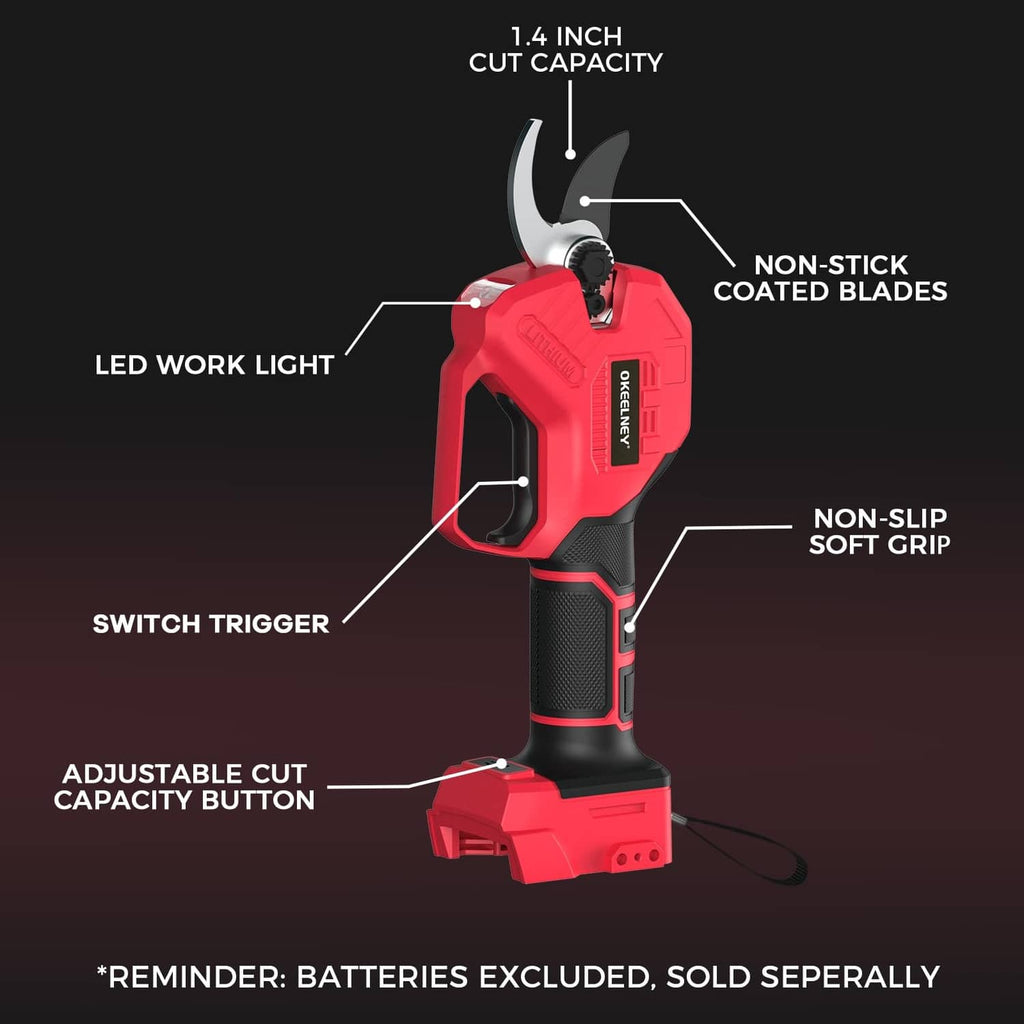 Red electric pruning shears with LED work light, soft-grip handle, and safety switch trigger