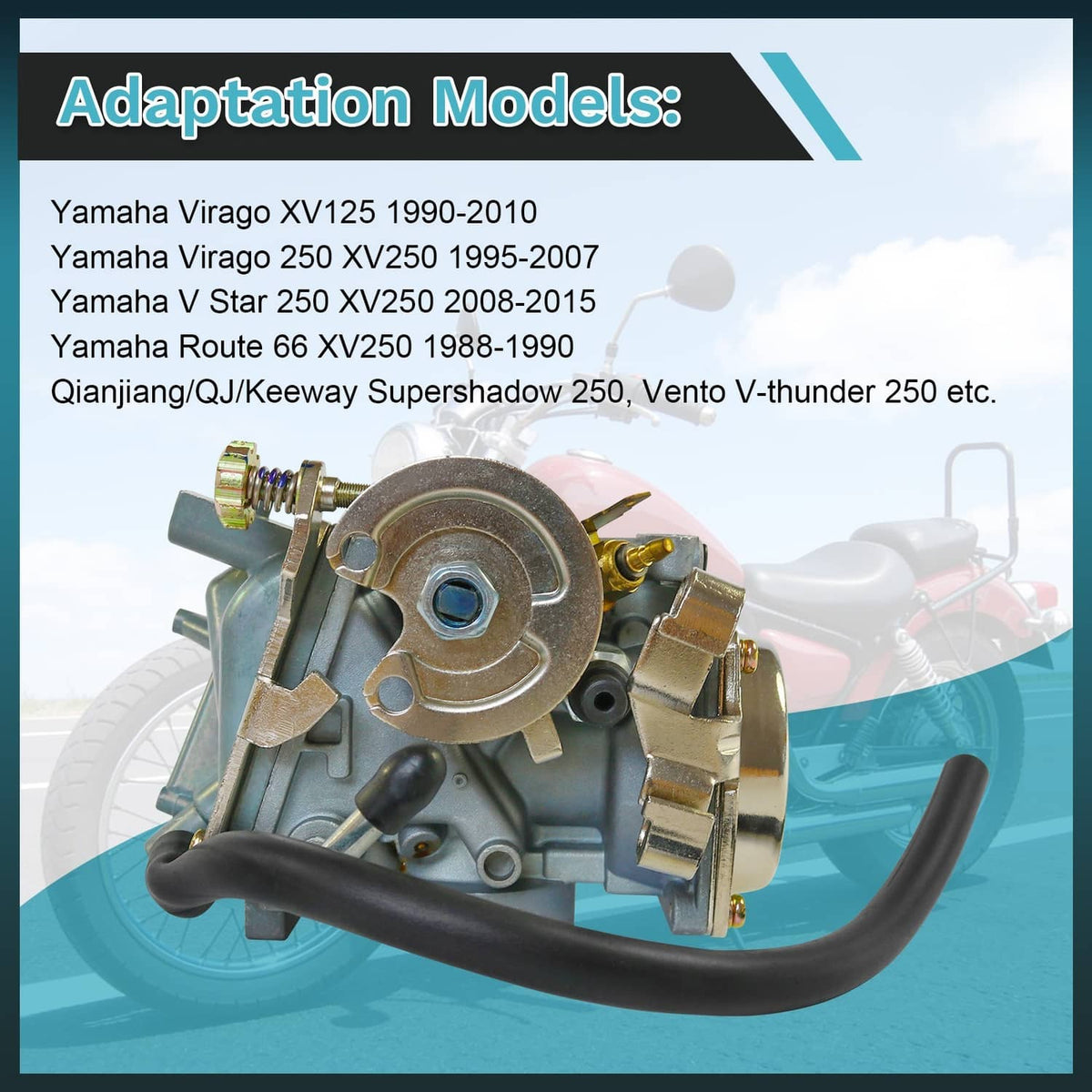 Carburetor assembly with round intake housing and mounting bracket, shown on bike.