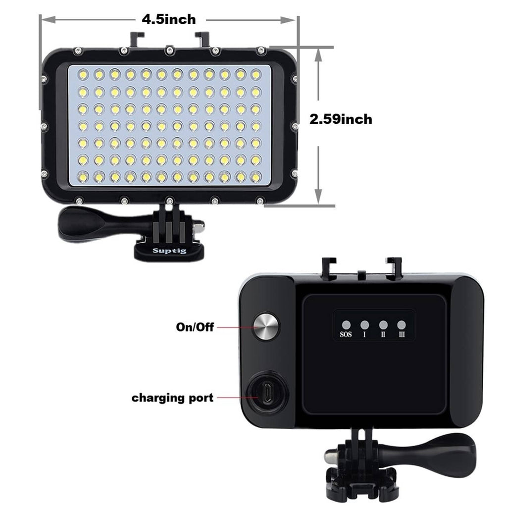 LED dive light front and back view with switch, charging port, and mounting clip