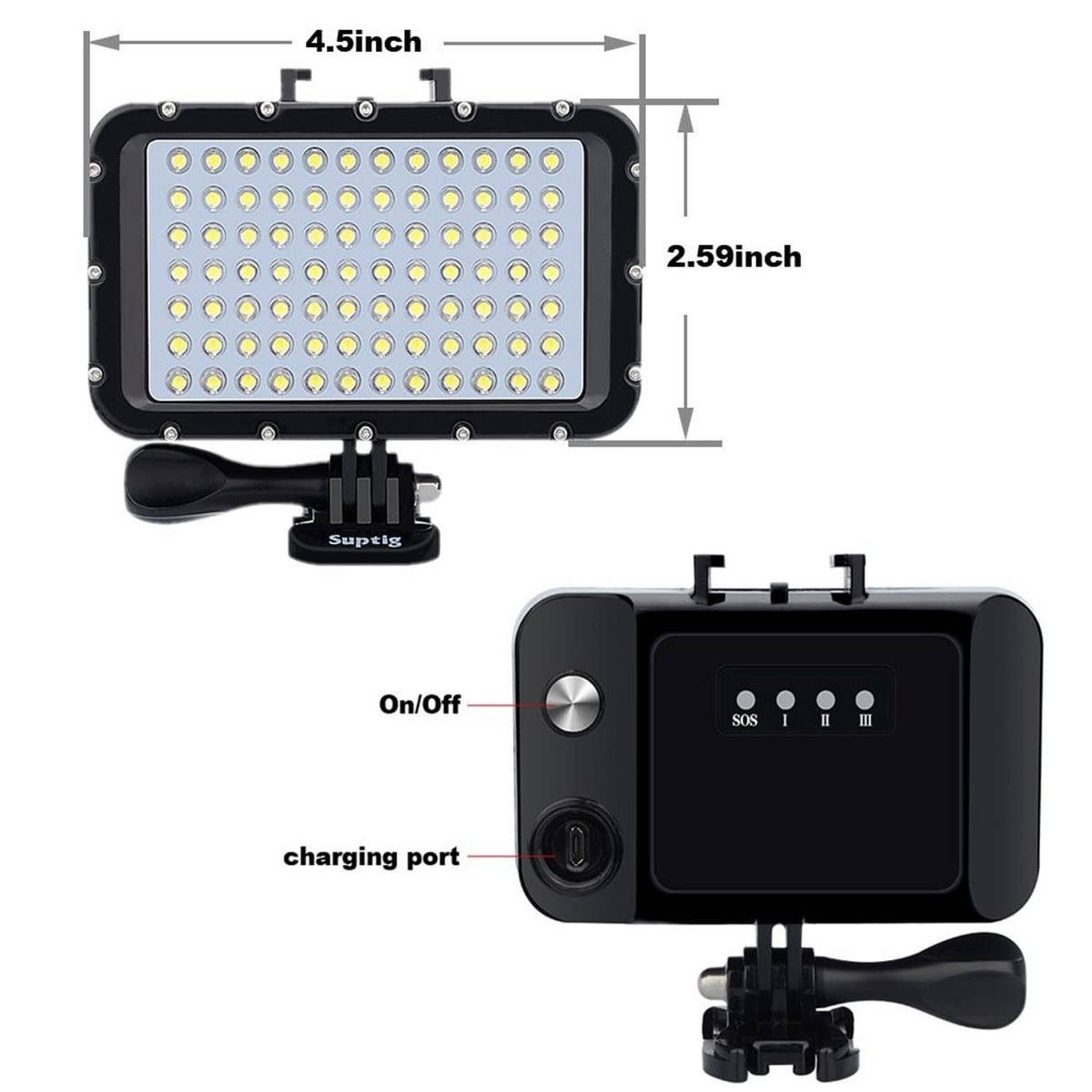 LED dive light front and back view with switch, charging port, and mounting clip