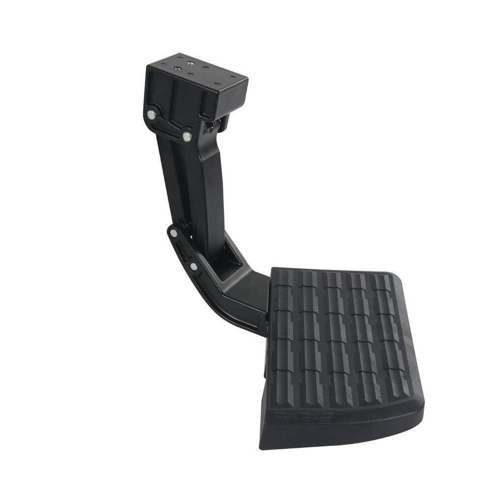 Black retractable truck side step with ridged platform and curved support arm