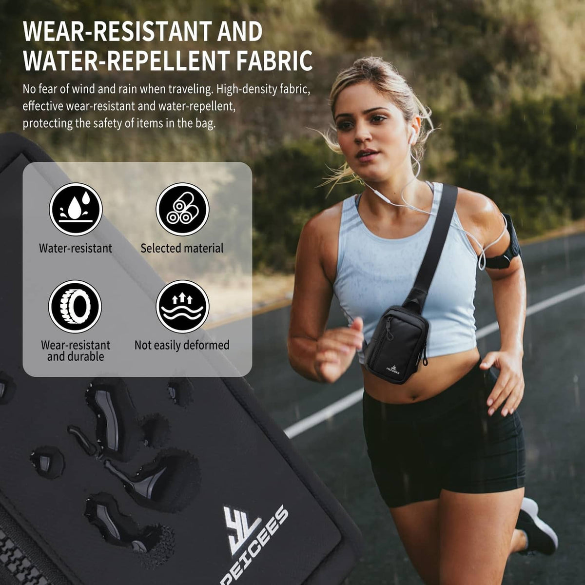 Black mini crossbody bag with water-repellent fabric icons and front zip closure