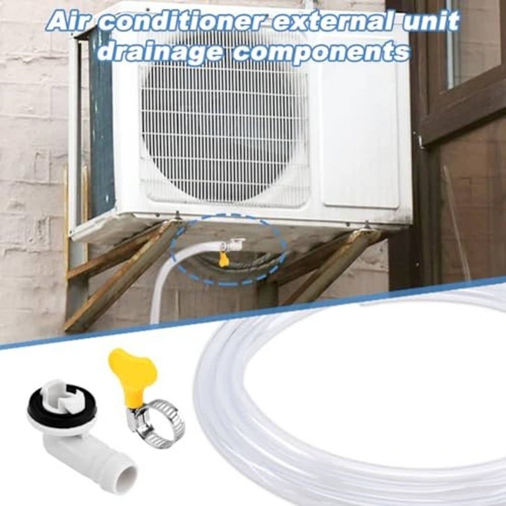 AC outdoor unit with attached clear drain hose and elbow connector kit components