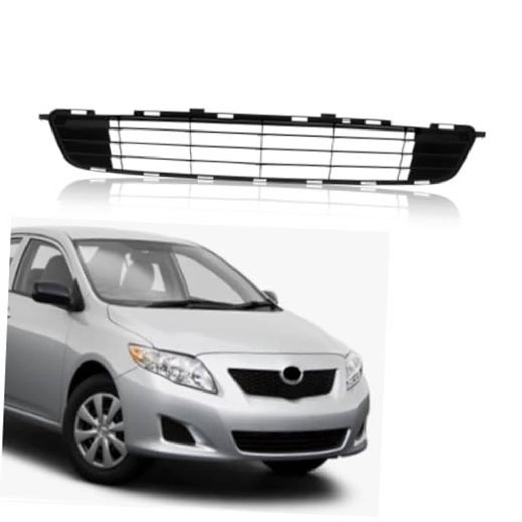 Front bumper lower grille with black mesh slats and center circular opening