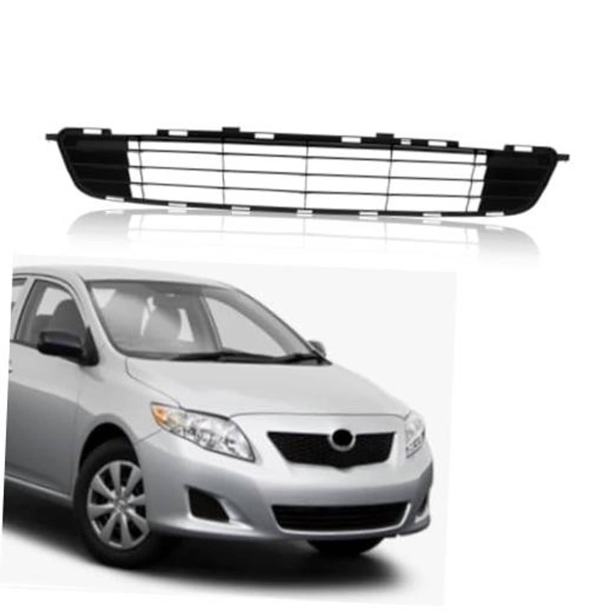 Front bumper lower grille with black mesh slats and center circular opening