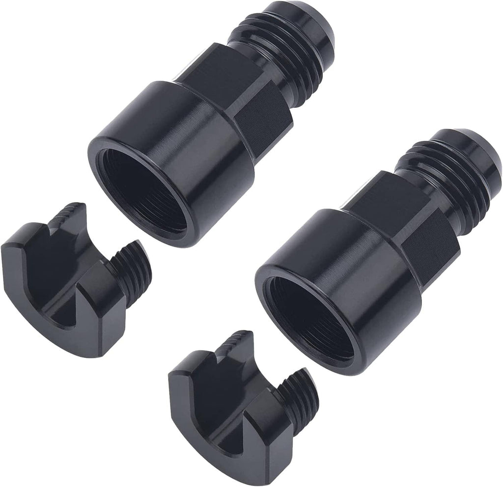 Black 6AN fuel adapter fittings with threaded ends and fork-style lock tab