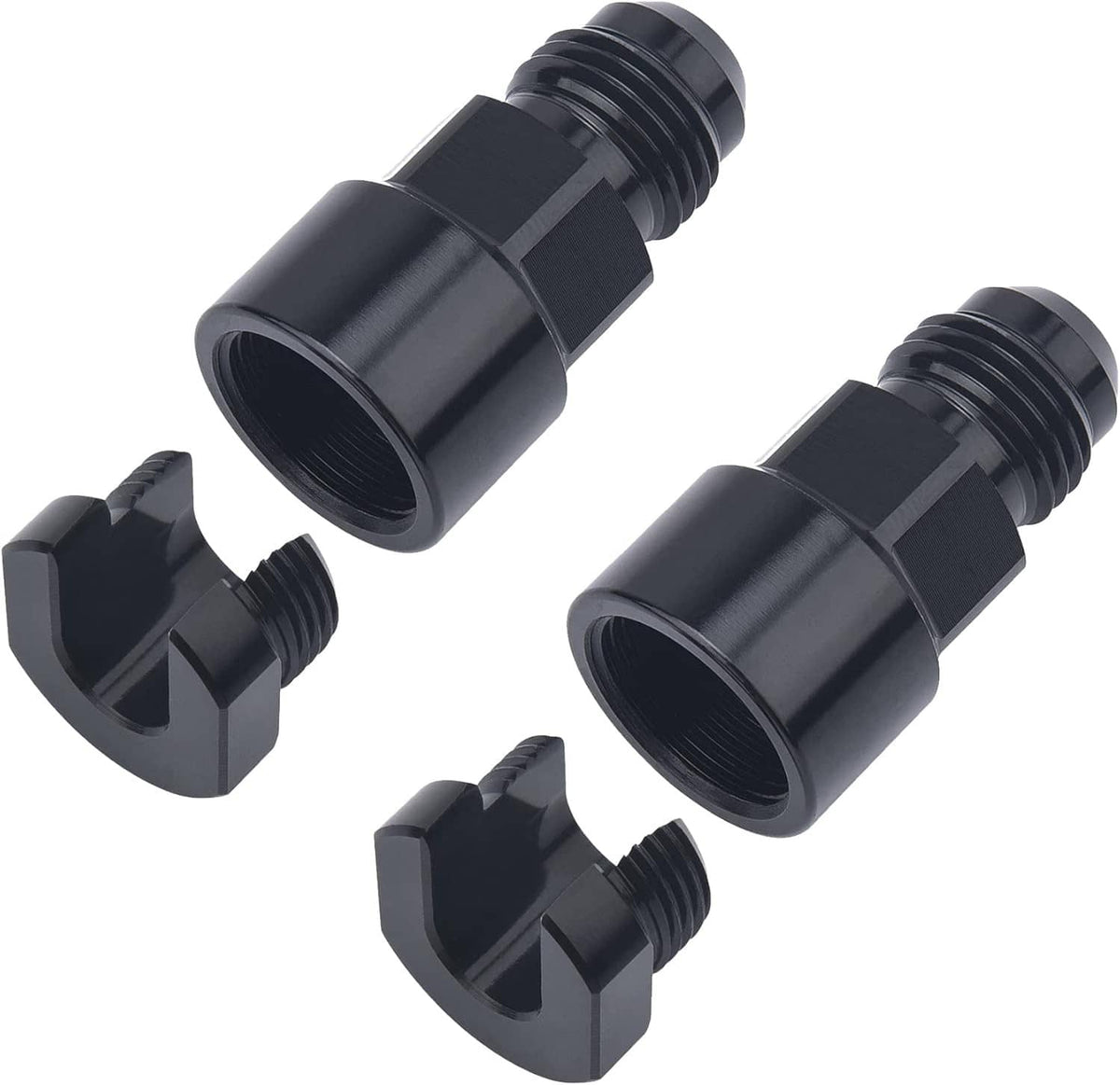 Black 6AN fuel adapter fittings with threaded ends and fork-style lock tab
